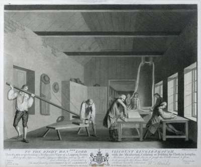 Perspective view of a Lapping Room with the Measuring, Crisping or Folding of the Cloth in Lengths, plate XI of The Linen Manufactory of Ireland, 1783 by William Hincks